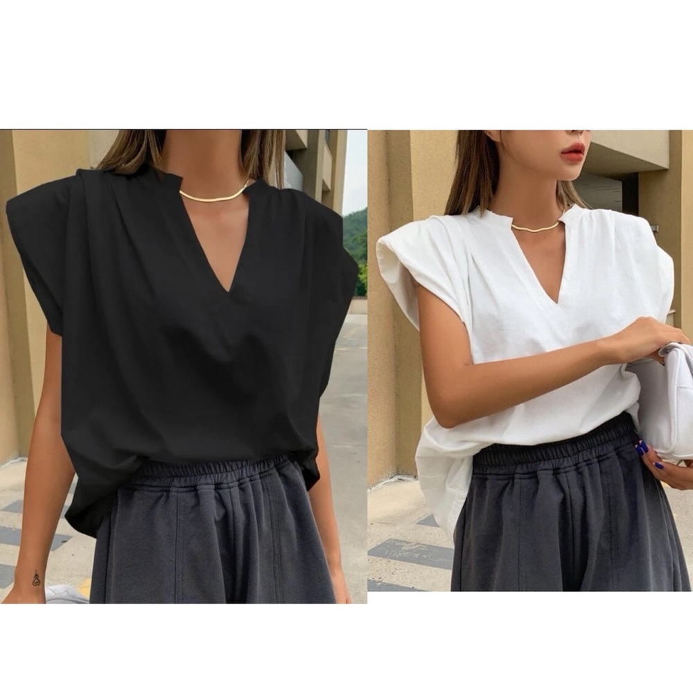 BEIGE V-neck ruched shoulder pad T-shirt tee - Picture 2 of 8